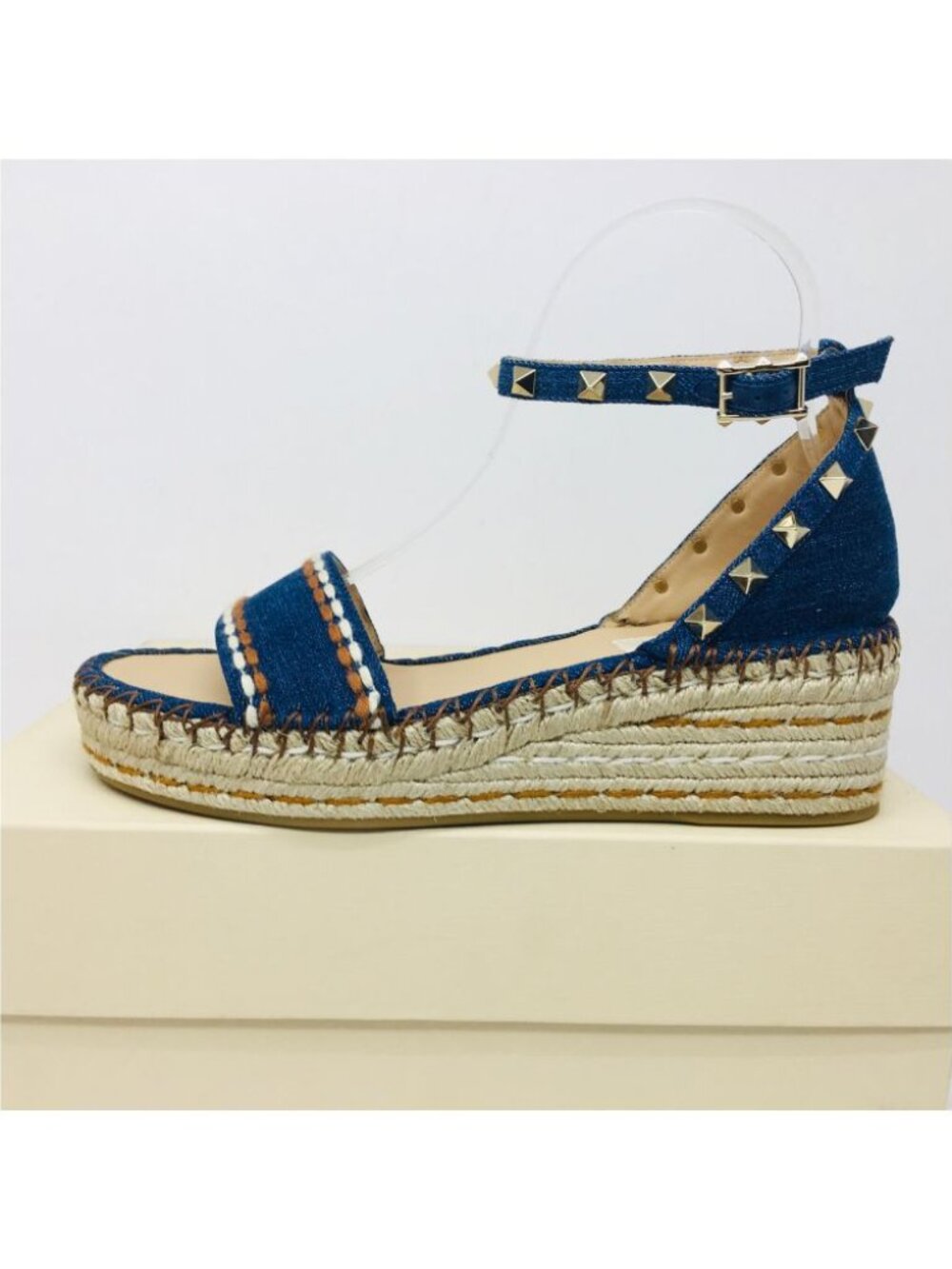 Valentino Garavani 55mm Rockstud Denim Wedge Sandals 8 M - Picture 4 of 11